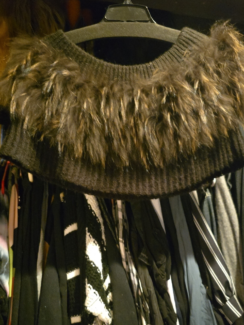 Real Fur Trim Black Women's Knit Sweater Collar